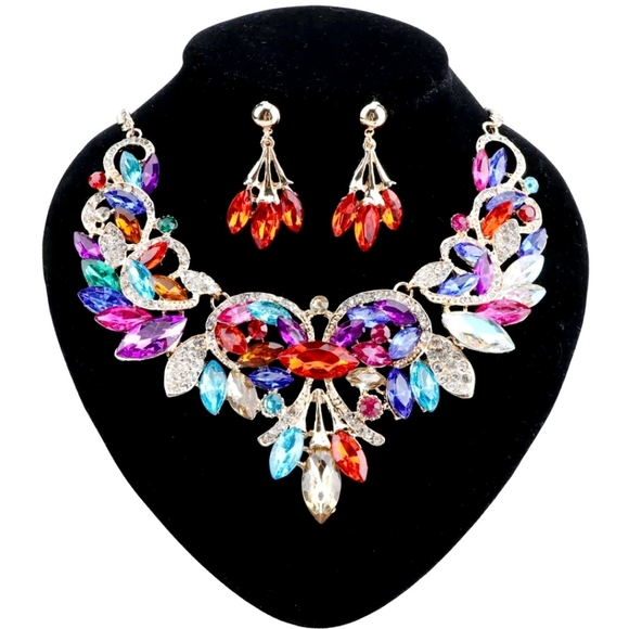18K gold plated multi color rainbow crystal Necklace earrings set - Picture 14 of 16